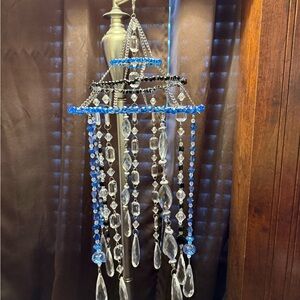 Blue Crystal Beaded Wind Chime with Clear Hanging Prisms